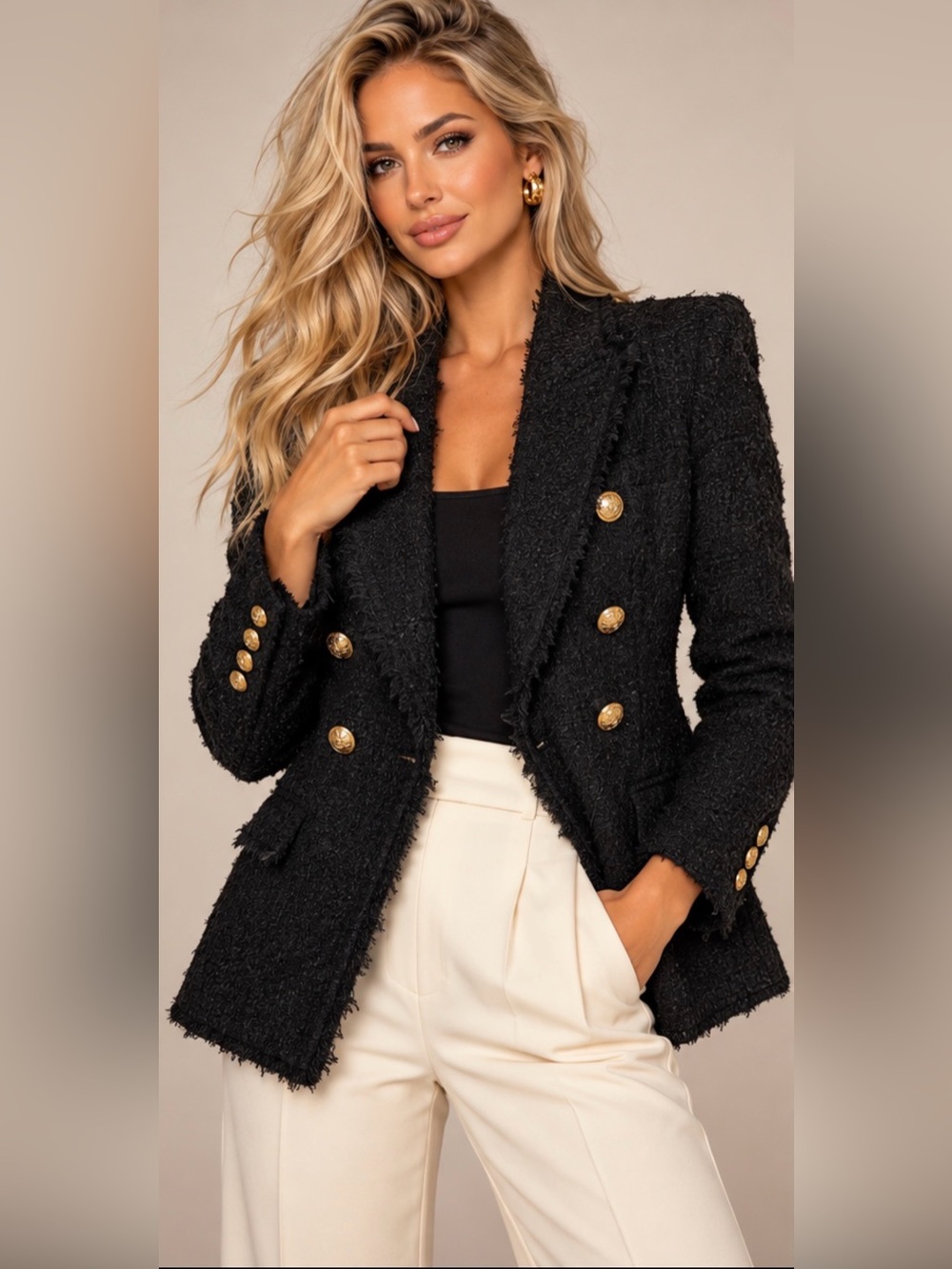 Zara Woman Black Tweed Double Breasted Gold Button Blazer Jacket Size S
